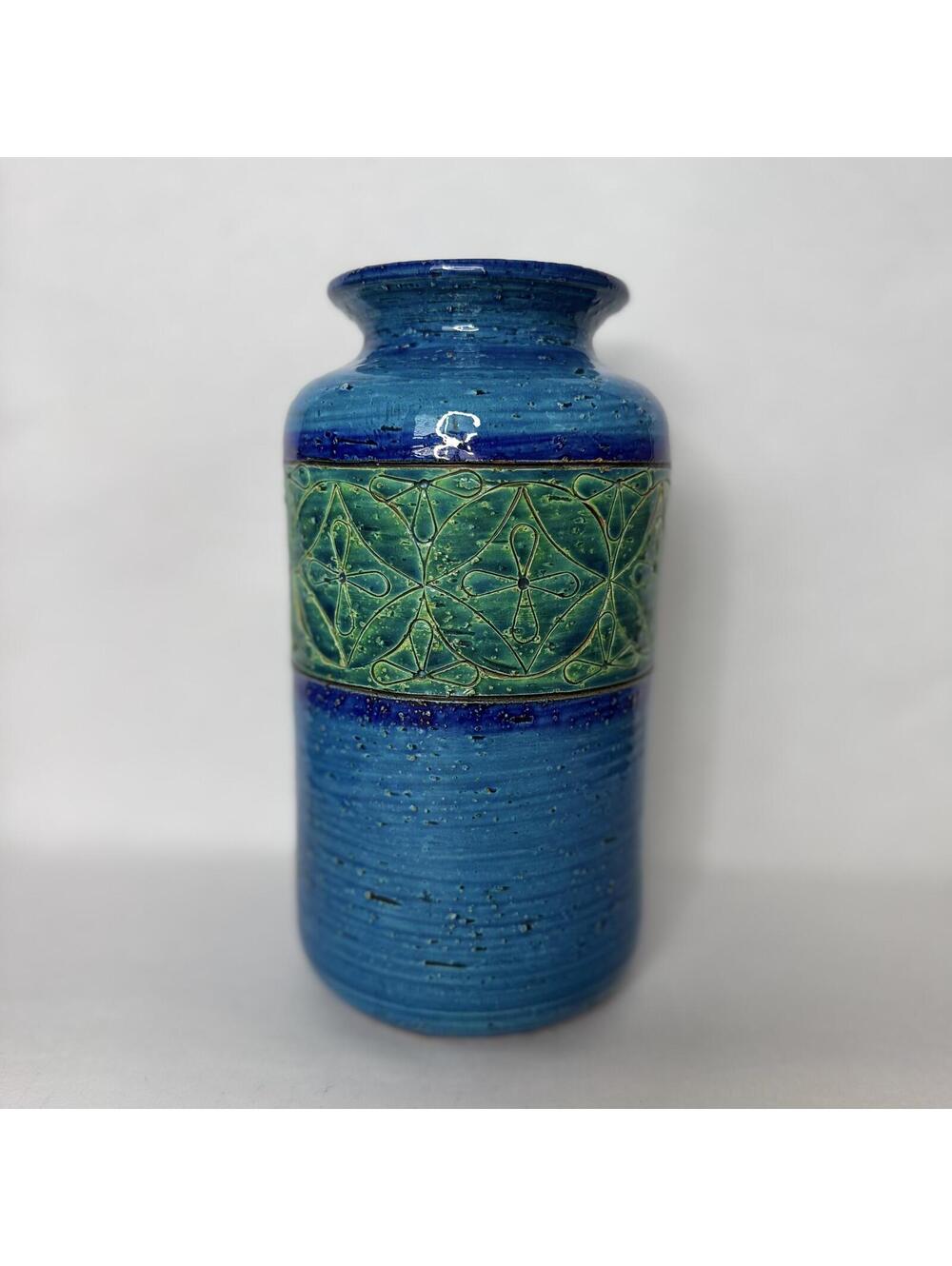 MCM Vintage Italian Bitossi Aldo Londi Geometric Blue Green Ceramic Vase 8"x3.5"